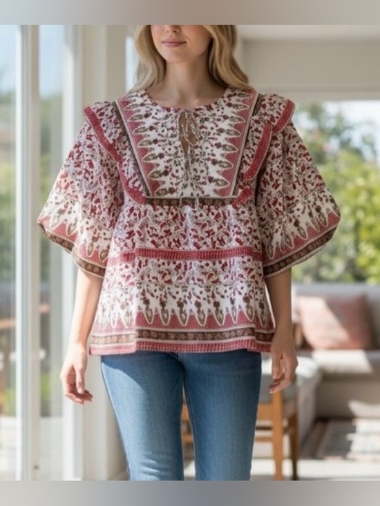 Calypso St. Barth Tops - NWT Calypso St.Barth Boho Ruffle Yoke Peasant Blouse Top - Red Floral Print - L